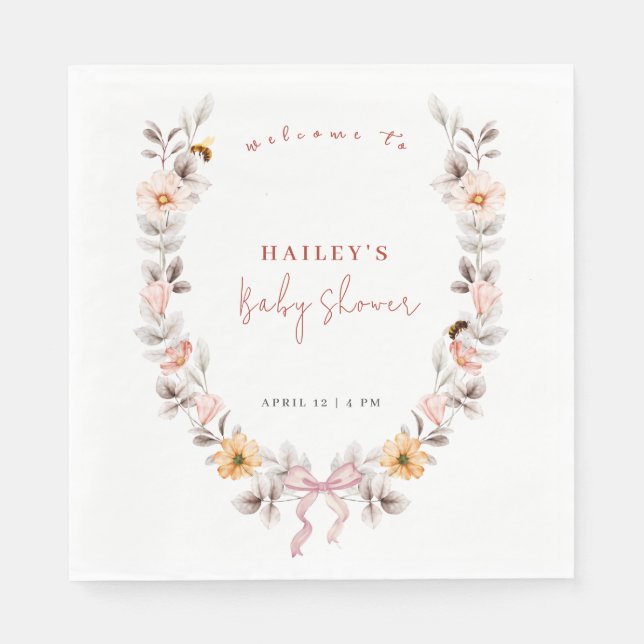 Simple Boho Wildflower Wreath Welcome Baby Shower  Napkin (Front)
