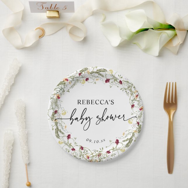 Simple Boho Wildflowers Baby Shower Paper Plate (Wedding)