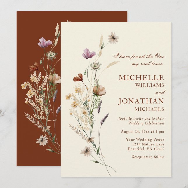 Simple Boho Wildflowers Floral Christian Wedding Invitation (Front/Back)
