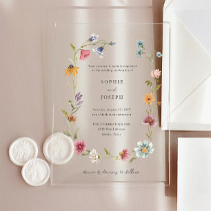 Simple Boho Wildflowers Wreath Wedding Acrylic Invitations