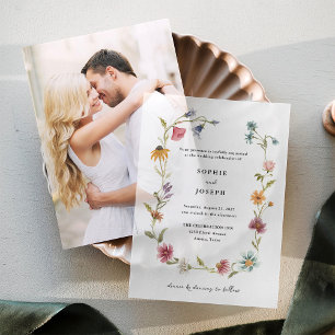 Simple Boho Wildflowers Wreath Wedding Vellum Invitations