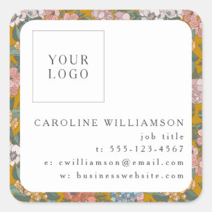 Simple Boho Yellow Floral Logo Feminine Business Square Sticker