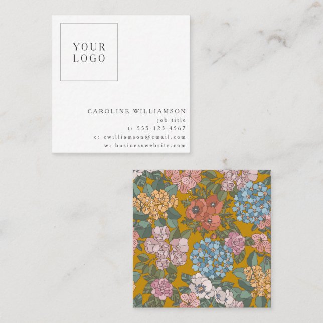 Simple Boho Yellow Floral Logo Feminine  Square Business Card (Front/Back)