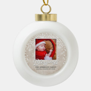 Simple Bokeh Blessings Christmas Photo Ceramic Ball Christmas Ornament