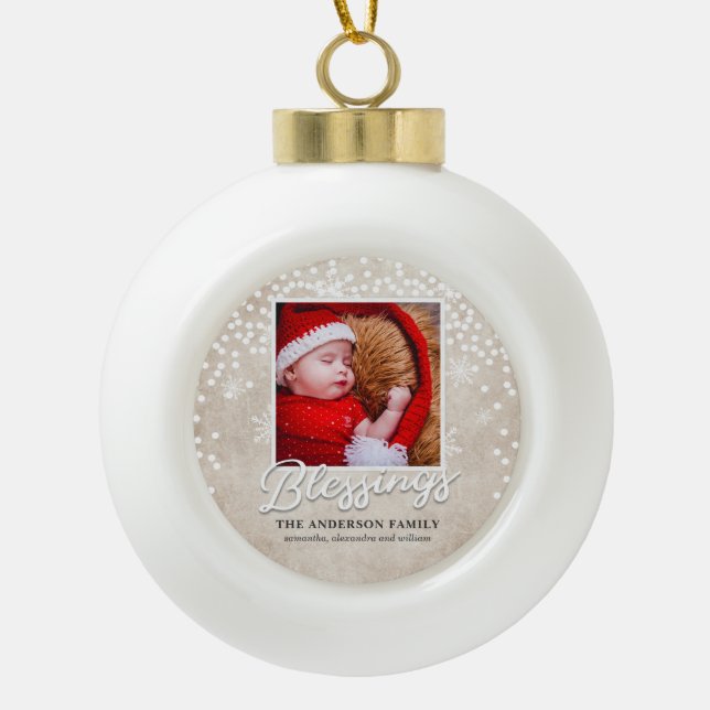 Simple Bokeh Blessings Christmas Photo Ceramic Ball Christmas Ornament (Front)