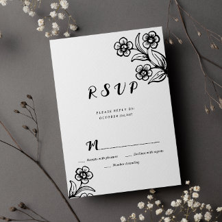 Simple bold black white typography floral RSVP  Invitation