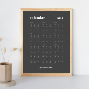 SImple Bold Dark Grey & White 2024 Calendar Poster
