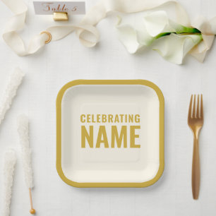 Simple Bold Elegant Ecru Gold Celebration of Life Paper Plate