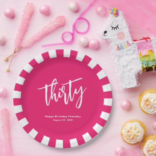 Simple Bold Hot Pink and White 30th Birthday Party Paper Plate