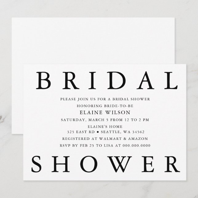 Simple Bold Letters Modern Bridal Shower Invitation (Front/Back)