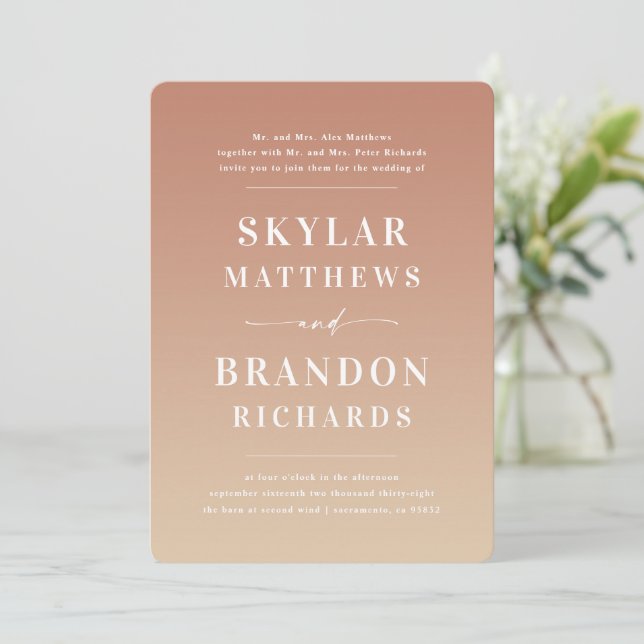 Simple Bold Names Clay & Gold Ombre Wedding Invitation (Standing Front)