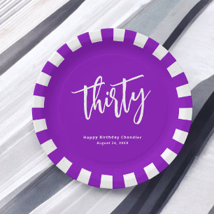 Simple Bold Purple and White 30th Birthday Party Paper Plate