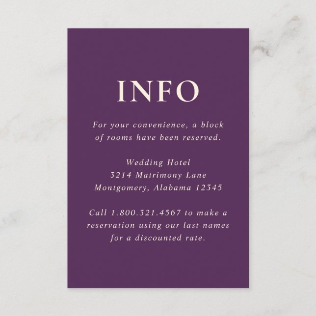 Simple Bold Purple Modern Wedding Enclosure Card (Front)