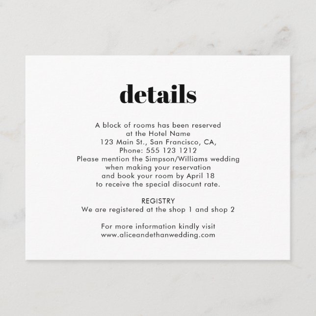 Simple Bold Serif Wedding Details Enclosure Card (Front)