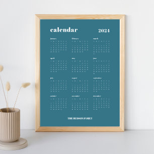 SImple Bold Teal Blue & White 2024 Calendar Poster