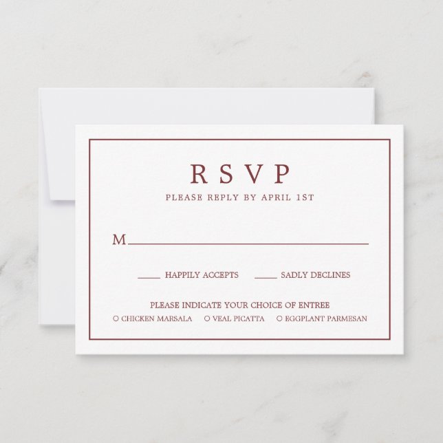 Simple Border Meal Choice Burgundy Wedding RSVP Card (Front)