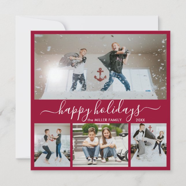 Simple Bordo White 4 Photo Collage Happy Holiday Card (Front)