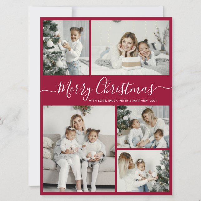 Simple Bordo White 5 Photo Collage Christmas Holiday Card (Front)
