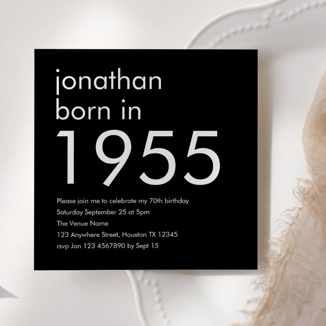 Simple Born in 1955 70th Birthday Party Black Invitation (Creator Uploaded)