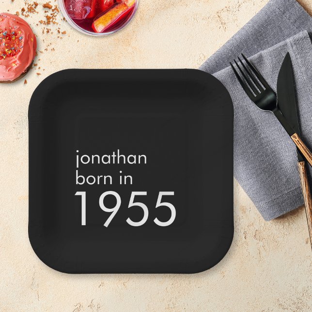 Simple Born in 1955 70th Birthday Party Black Paper Plate (Creator Uploaded)