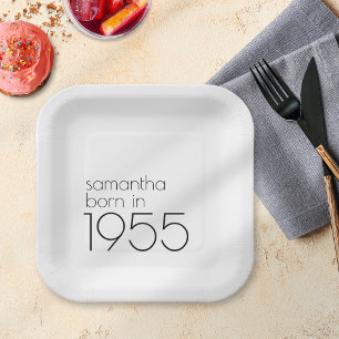 Simple Born in 1955 Black 70th Birthday Party Paper Plate