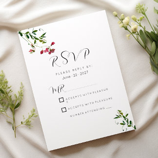 Simple botanic pink red green flowers RSVP Invitation