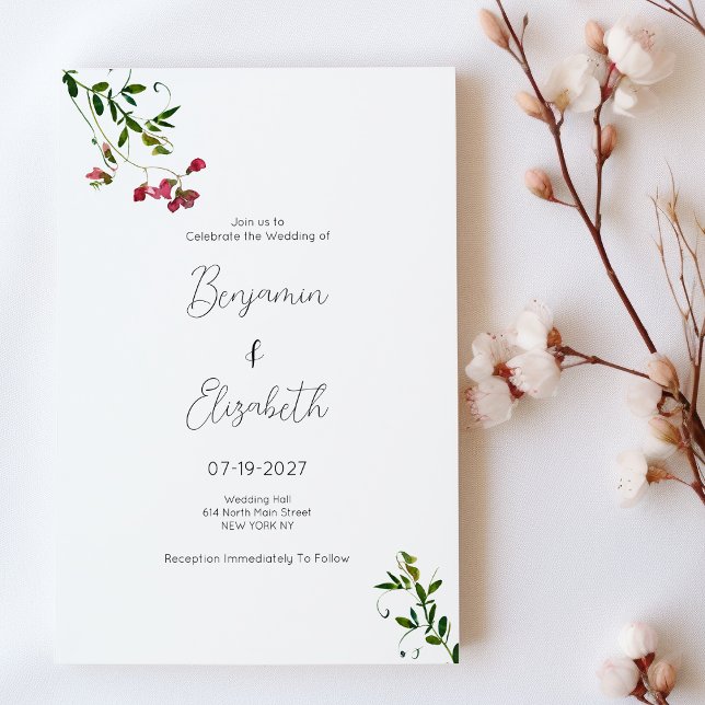 Simple botanic pink red green flowers Wedding  Invitation (Simple botanic pink red green flowers Wedding)