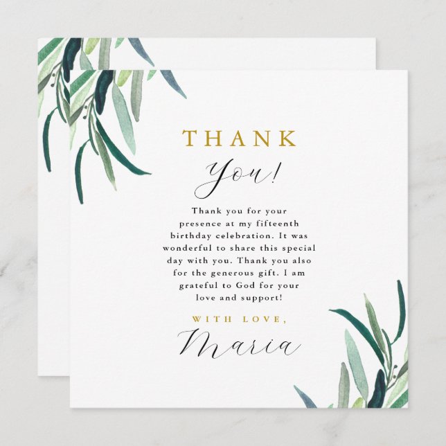 Simple Botanical 15th Birthday Thank You  Invitation (Front/Back)