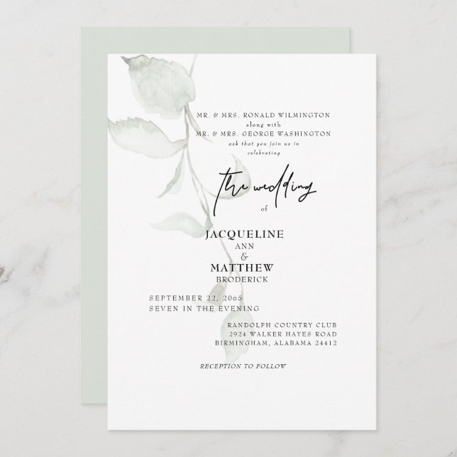 Simple Botanical Both Parents Pale Sage Wedding Invitation (Front/Back)