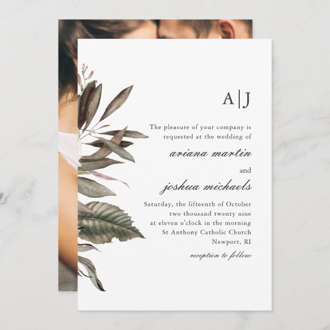 Simple Botanical Bouquet with Monograms Photo Invitation (Front/Back)