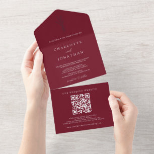 Simple Botanical Burgundy Wedding All In One Invitation