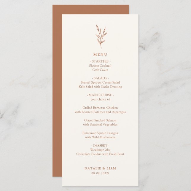 Simple Botanical Burnt Orange Wedding Menu (Front/Back)