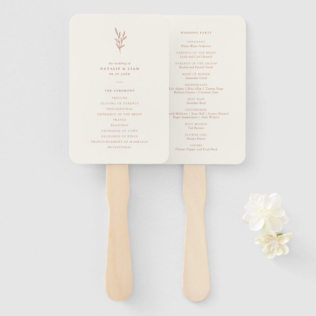 Simple Botanical Burnt Orange Wedding Program Hand Fan (Front and Back)
