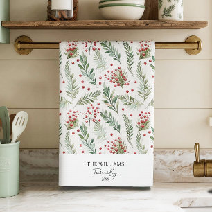 Simple Botanical Christmas Family Name Tea Towel