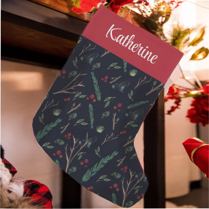 Simple Botanical Christmas Pattern Custom Name Small Christmas Stocking