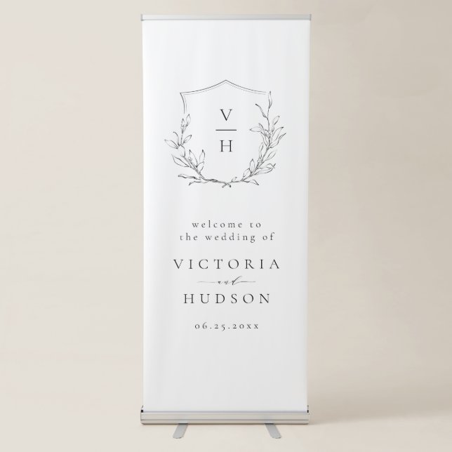 Simple botanical crest rustic wedding welcome retractable banner (Front)