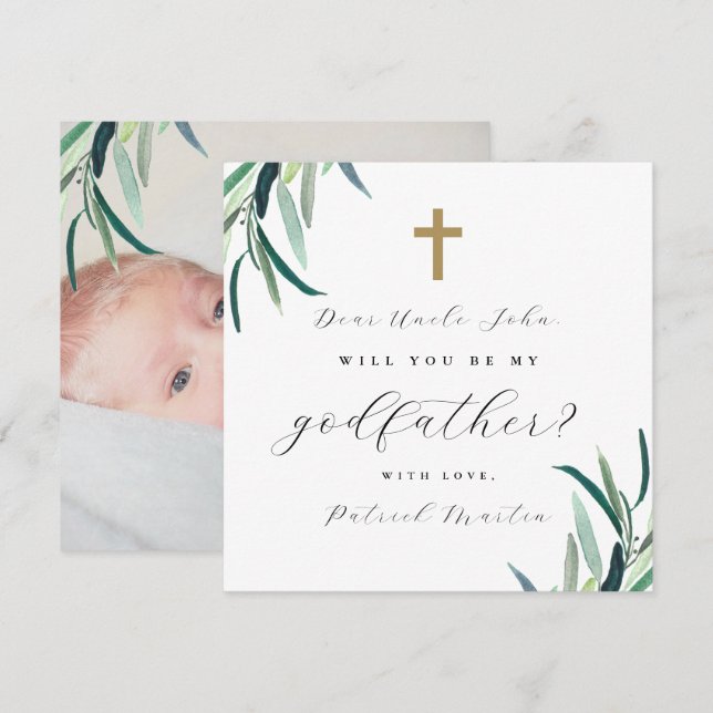 Simple Botanical Cross Godfather Proposal Photo Invitation (Front/Back)