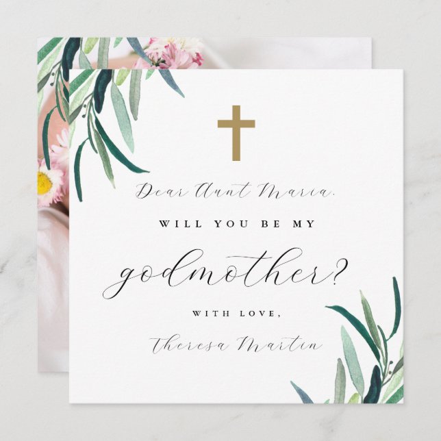 Simple Botanical Cross Godmother Proposal Photo Invitation (Front/Back)