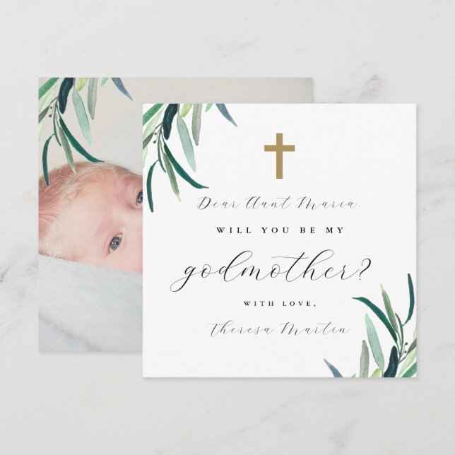 Simple Botanical Cross Godmother Proposal Photo Invitation (Front/Back)