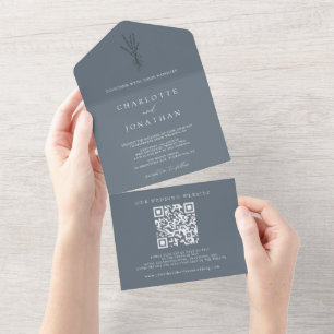 Simple Botanical Dusty Blue Wedding All In One Invitation