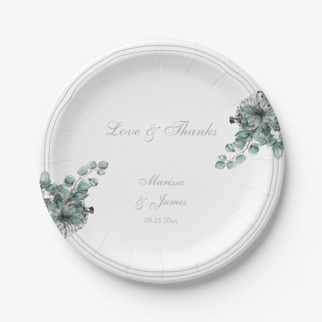 Simple Botanical Floral Love and Thanks Wedding Paper Plate (Front)