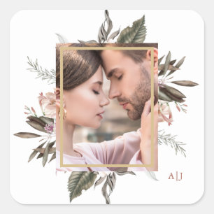 Simple Botanical Frame Photo with Monogram Square  Sticker
