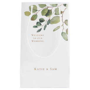 Simple Botanical Gold Text White Wedding Welcome Small Gift Bag