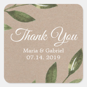 Simple botanical green Kraft Wedding Thank You Square Sticker