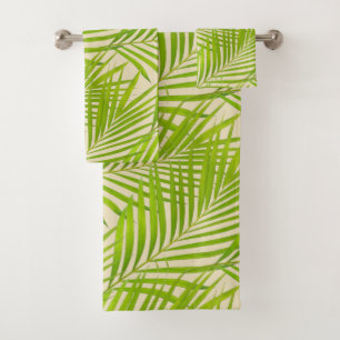 Simple Botanical Green Palm Leaves on Beige Bath Towel Set
