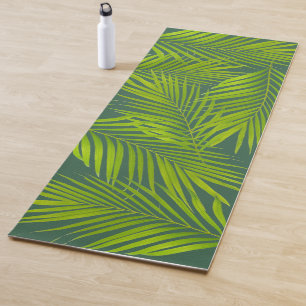 Simple Botanical Green Palm Leaves on Green Yoga Mat