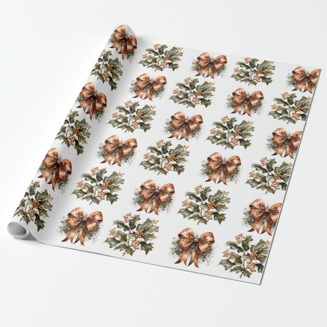 Simple botanical green wreath and gold Christmas Wrapping Paper (Unrolled)