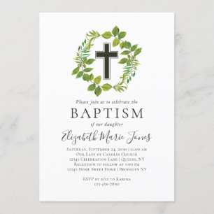 Simple Botanical Greenery Wreath Cross Baptism Invitation