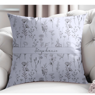 Simple Botanical Hand Drawn Floral Light Blue Cushion