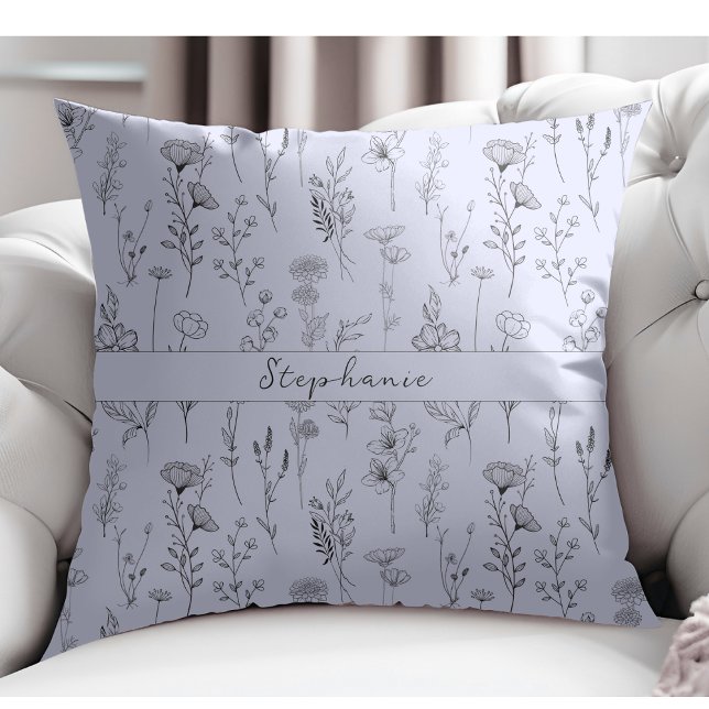 Simple Botanical Hand Drawn Floral Light Blue Cushion (Creator Uploaded)